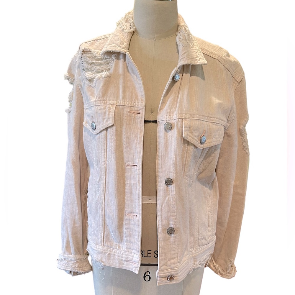 Distressed light baby pink denim jean jacket Medium